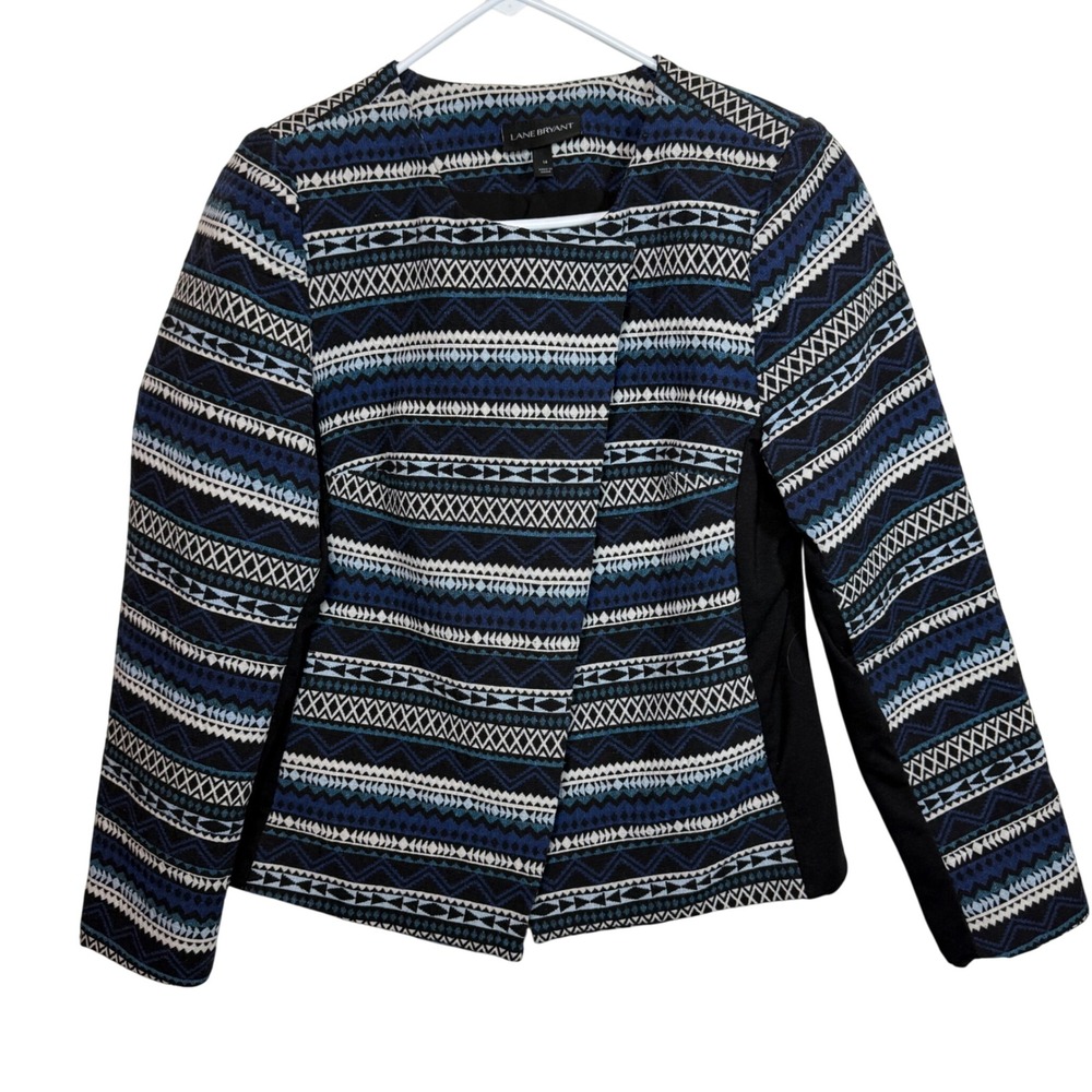 Lane Bryant Women's Size 14 Geometric Print Open Front Blazer Jacket Blue‎ Black